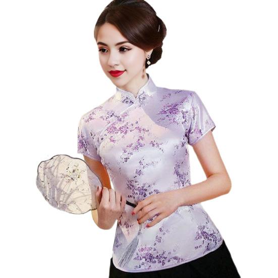 Женские топы Ципао в стиле ретро с воротником-стойкой и коротким рукавом с цветочным принтом, традиционные китайские топы, новогодние топы Cheongsam, женская одежда