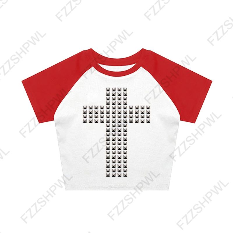 VAYLA Готическая Панк Рок Хип Хоп Женская Футболка с Коротким Рукавом Сексуальная Приталенная Шикарная Повседневная Базовая Металлический Декор Кроп-топы Y2K Эмо Одежда для Девушек