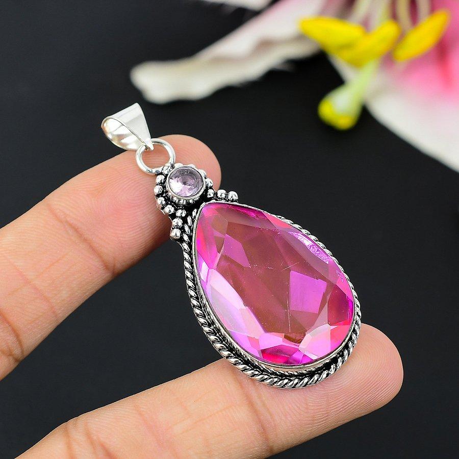 Pink Kunzite Gemstone Handmade 925 Sterling Silver Jewelry Pendant 2.44" KG-159