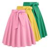 Women Skirt Belted Tight Waist Bow Decor A-line Big Swing Solid Color High Waist Soft Ruffle Summer Dating Party Midi Skirt