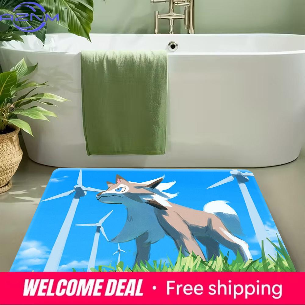 Anime Pokemon Lycanroc Wind Turbine Scenery Print Soft Non-slip Absorbent Indoor Home Bathroom Entryway Floor Rug Doormat Mat