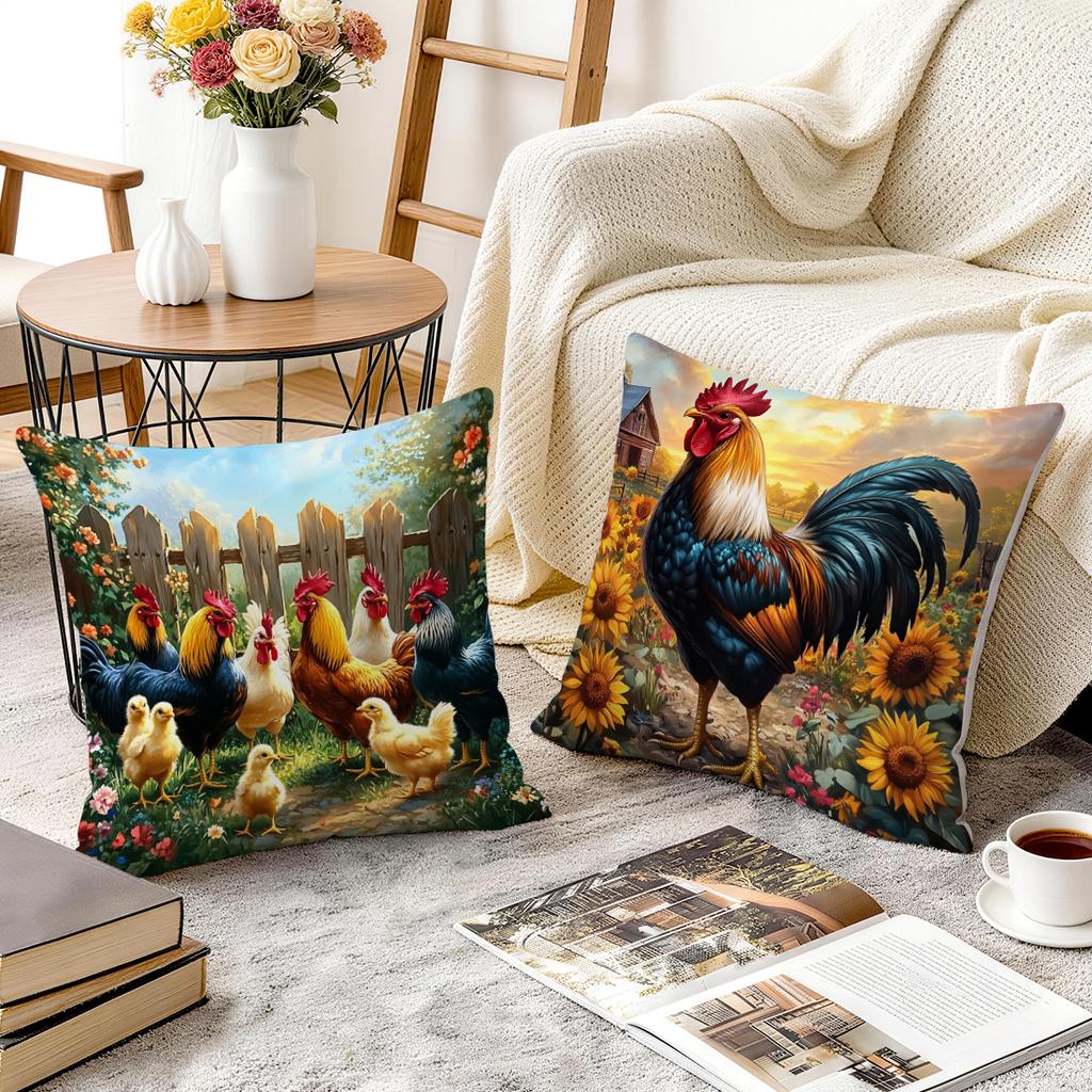 4 Pcs Farm Rooster Single-Sided Printed Pillowcase Cushion Cover,Suitable For Living Room,Bedroom,Car Decoration