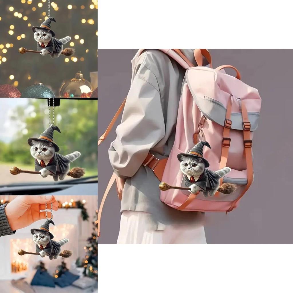 Minimalist Acrylic Flat Surface Car Charm With Magical Cat Riding Broom Design For Auto Interior Decoration