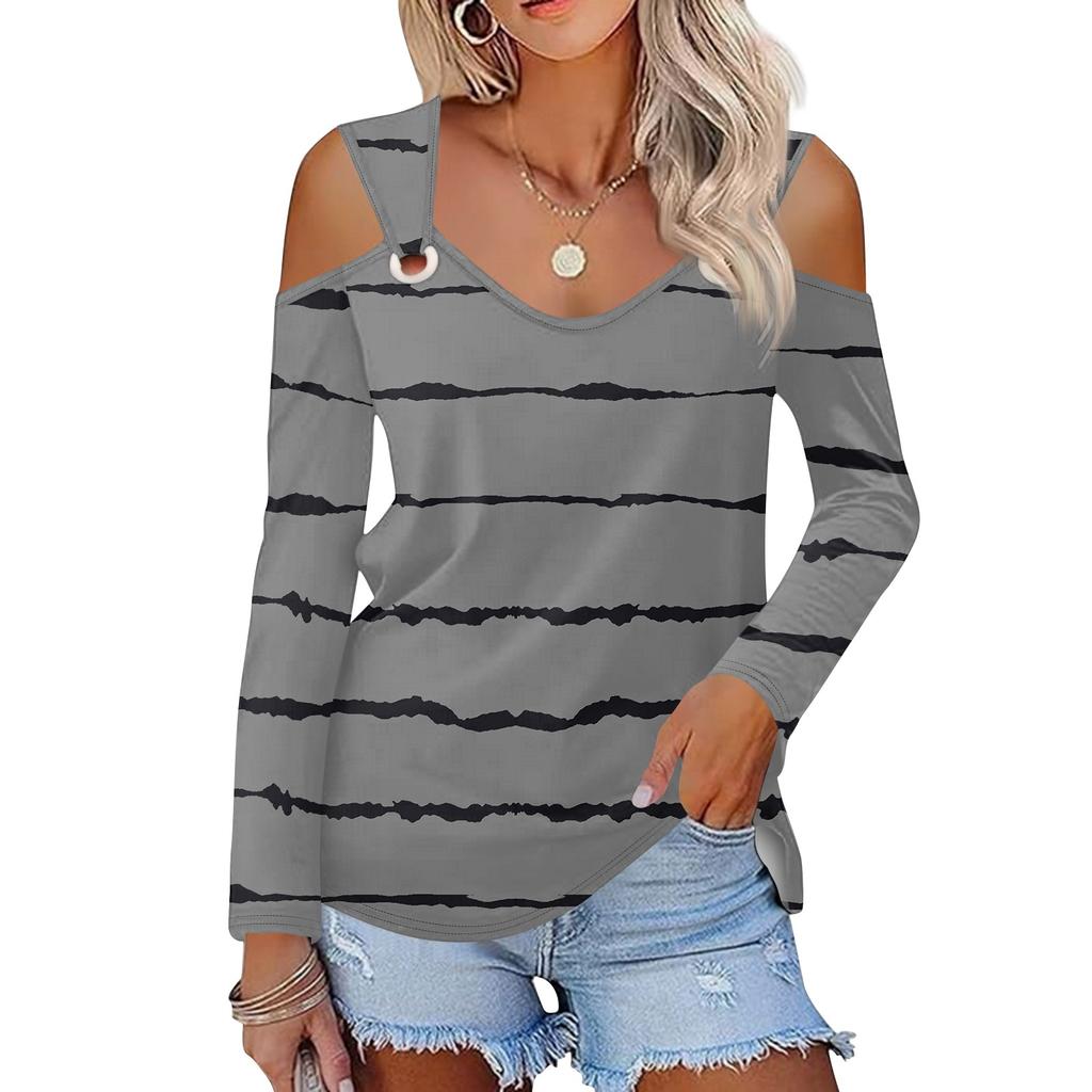 Женская повседневная рубашка-блузка с принтом, V-образным вырезом, сексуальным открытыми плечами, длинным рукавом