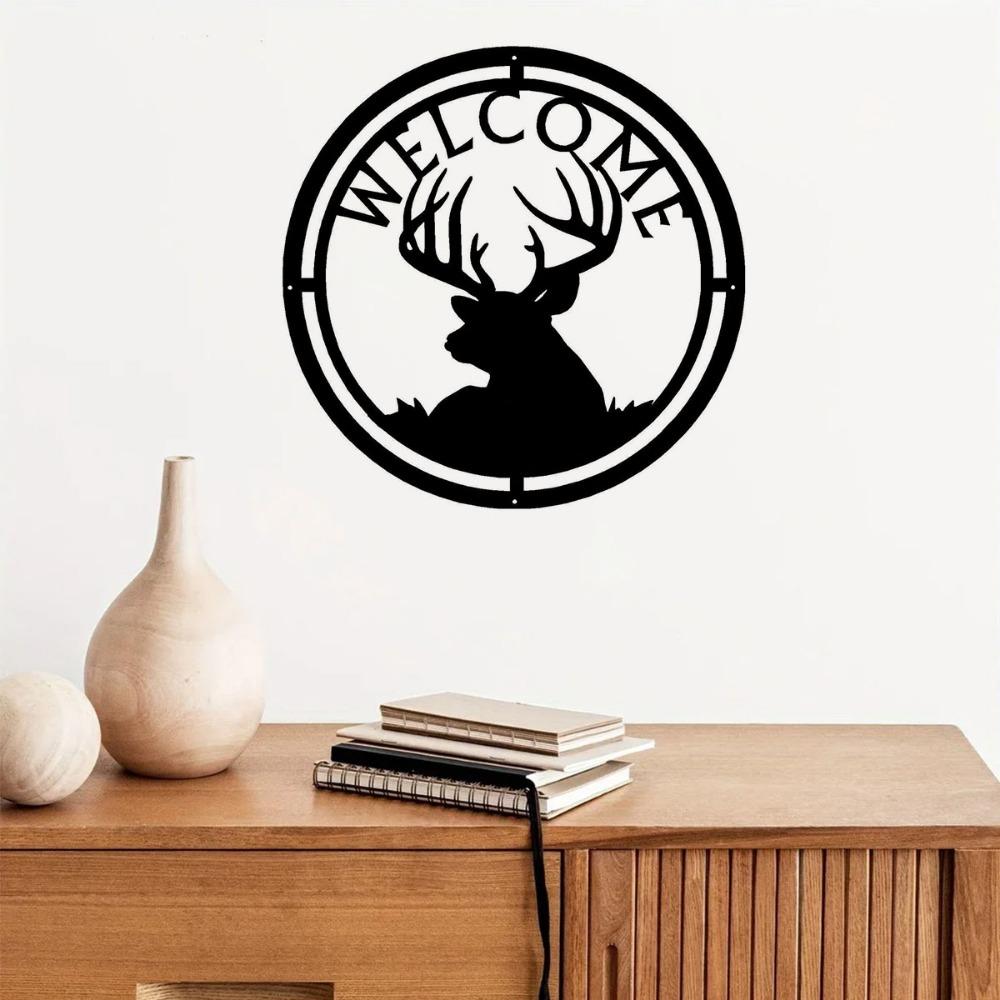 New Deer Buck Head, Deer Family Elk Head Welcome Sign - 12.5" Round Metal Wall Art for Rustic Home Décor and Outdoor Spaces