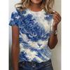 Женская футболка Синяя волна и принт с кошкой Ретро мода Повседневная уличная Круглый вырез Оверсайз Женская летняя одежда