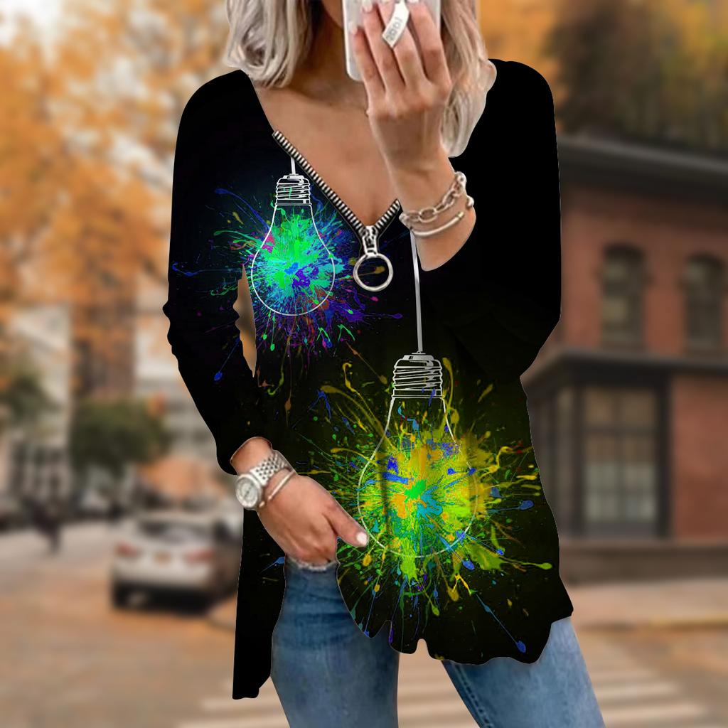 Women Autumn Colorful Light Bulb Printed Long Sleeve T-Shirts Loose V-Neck Plus Size Tee Shirt Tops Comfy Blouse