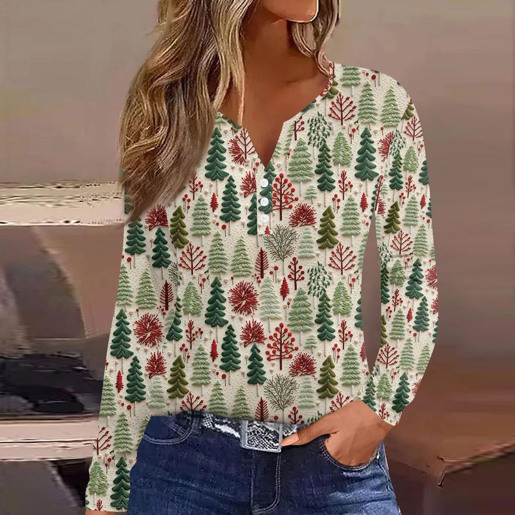 Женская модная повседневная футболка с длинным рукавом и V-образным вырезом на рождественском принте на пуговицах