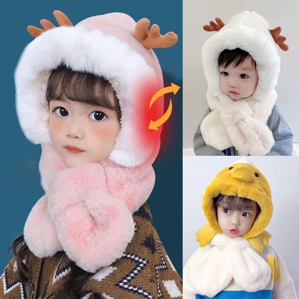 Windproof Baby Hat With Scarf Plush Beanie Hat Scarf Cute Neck Warmer Autumn Winter