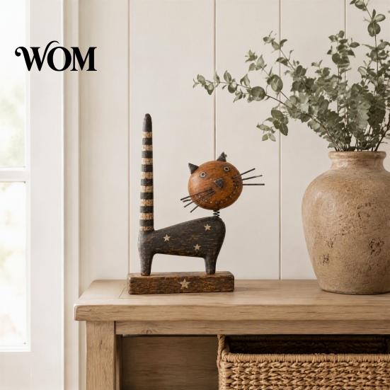 Vintage Style Home Accents Rustic Wooden Cat Ornament with Spring Shaking Head for Farmhouse Tabletop Decorative Piece Decor, Handcrafted Retro