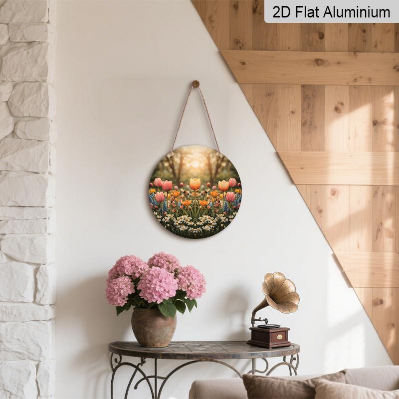 2D Flat Aluminum Tulip and Bee Wall Decor Rustic Garden Style 7.87 Inches X 7.87 Inches Perfect for Gardens, Farmhouses, Front Doors, Porches, and
