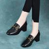 High Heels 2024 Spring New Round Head Thick Heel Middle Heel Square Heel Women's Shoes First Layer Cowhide Square Buckle Single Shoes Loafers