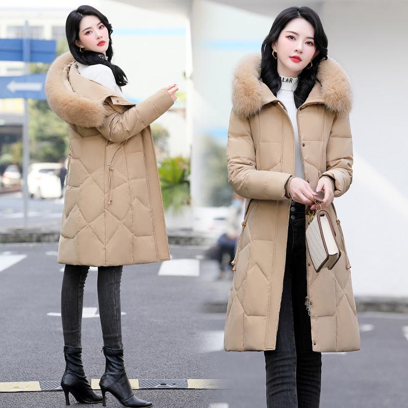 Белая утиная пуховая куртка женская утепленная средней длины выше колена зимняя теплая куртка нового стиля для мам среднего возраста