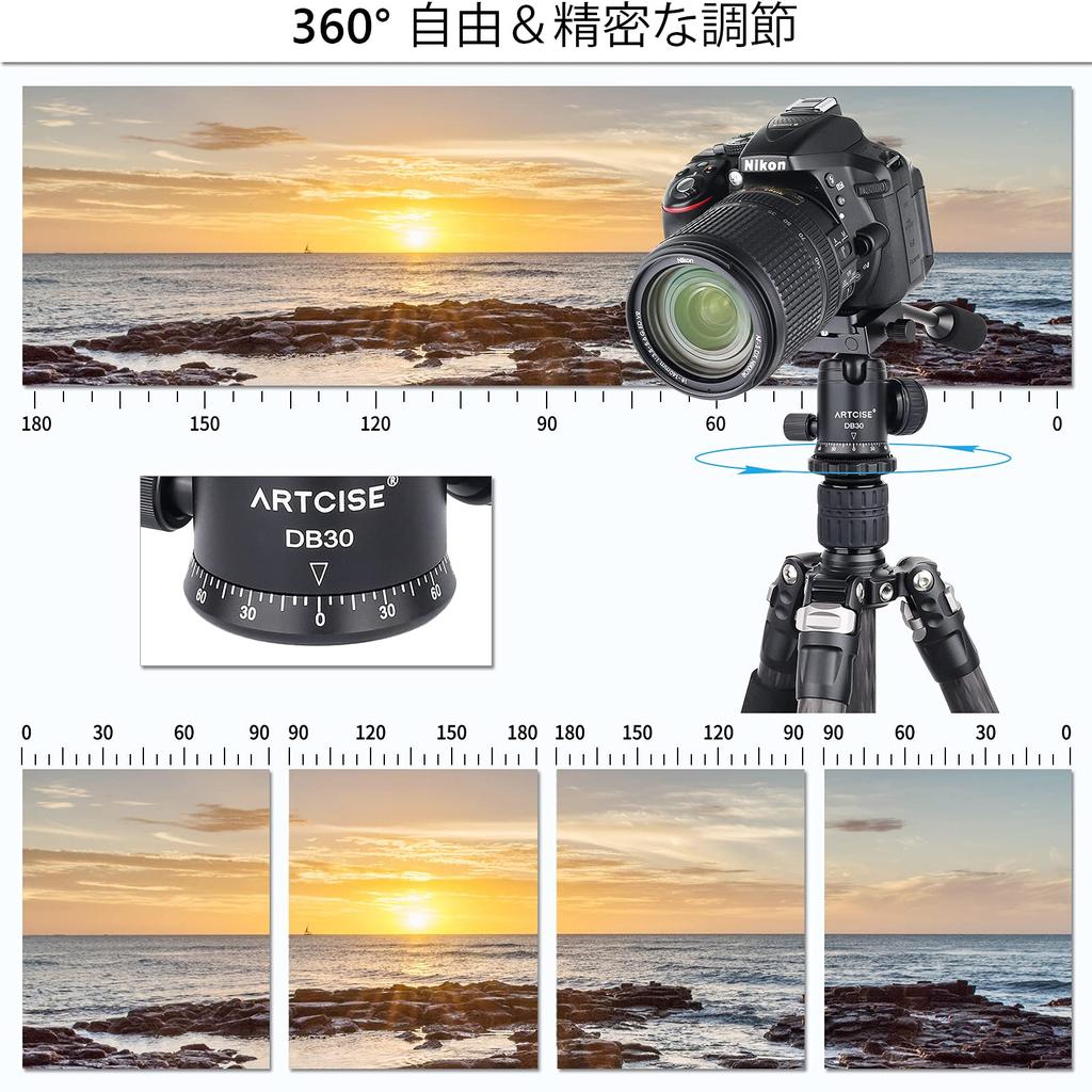 Ball Head with Quick Shoe, Lightweight, Aluminum Alloy, 360 Degree Rotation, Free Head, Handle, Bubble Level, Panoramic Photography, Video Camera,