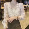 Chic Vintage Lace Blouse Women Sweet Puff Long Sleeve Crochet Women Shirt French Lace-up Square Collar Loose Tops Blusas 17442
