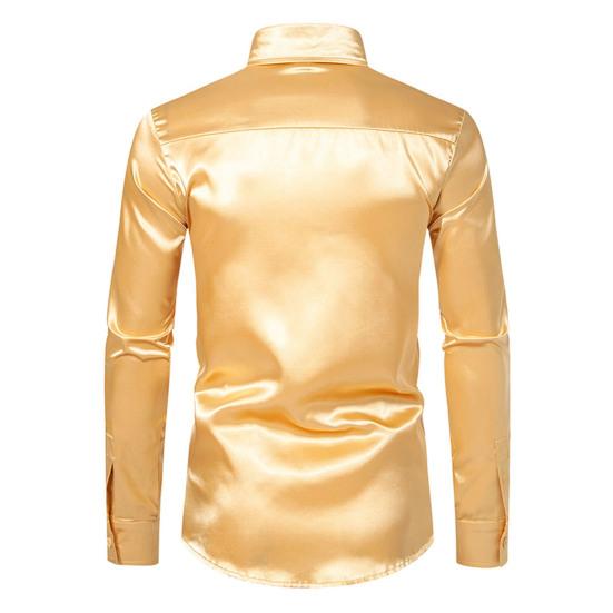 Men Dress Shirt Glossy Surface Satin Solid Color Turn-down Collar Button-down Mid Length Formal Busines Shirt Party Club Shirt