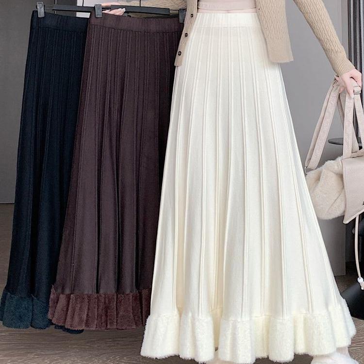 Осенне-зимняя женская вязаная плиссированная юбка длинная с высокой талией А-силуэта
