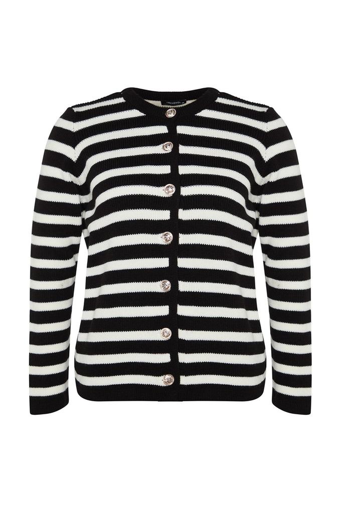 Women's Fashion Stylish Plus Size Cardigan Black Striped Knitwear Cardigan
