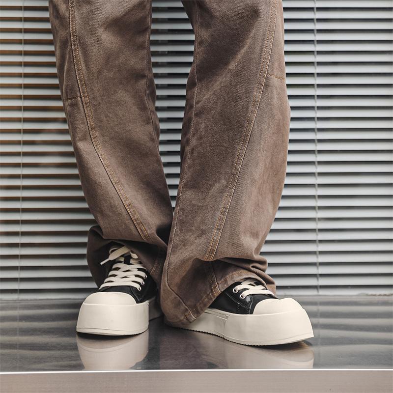 Европейская обувь для мужчин Натуральная кожа Повседневная обувь на платформе Тренд Толстая подошва Плоская обувь для скейтборда На шнуровке Массивные кроссовки