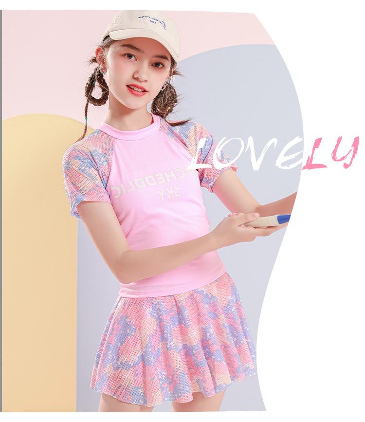 Мода для девочек-подростков, летний пляжный комплект из 2 предметов, комплект купальников бикини, топ и юбка с короткими рукавами с принтом, детский купальный костюм танкини из горячих источников