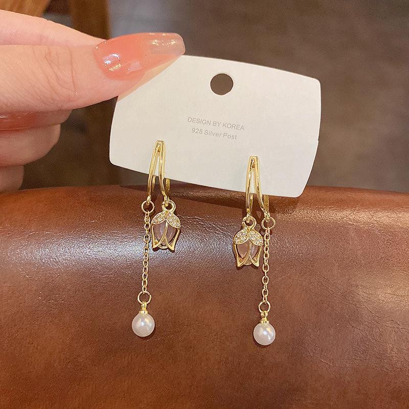 Серьги-кисточки из серебра 925 пробы с розовыми тюльпанами - Свежий, Роскошный, Высококлассный цветочный дизайн