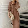 Women Dress High Waist Cold Resistant Windproof Women Solid Belt Pullover Knitted Sweater Midi Dress for Outdoor