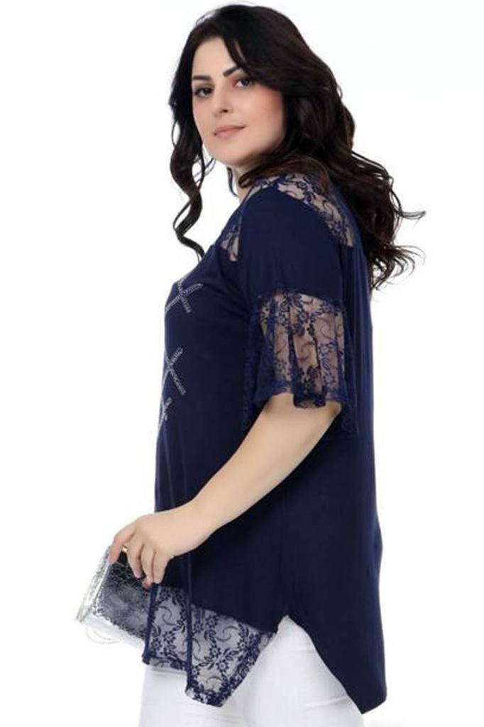 Женская блузка большого размера, кружевная блузка с v-образным вырезом спереди и каменным принтом, с короткими рукавами и разрезом