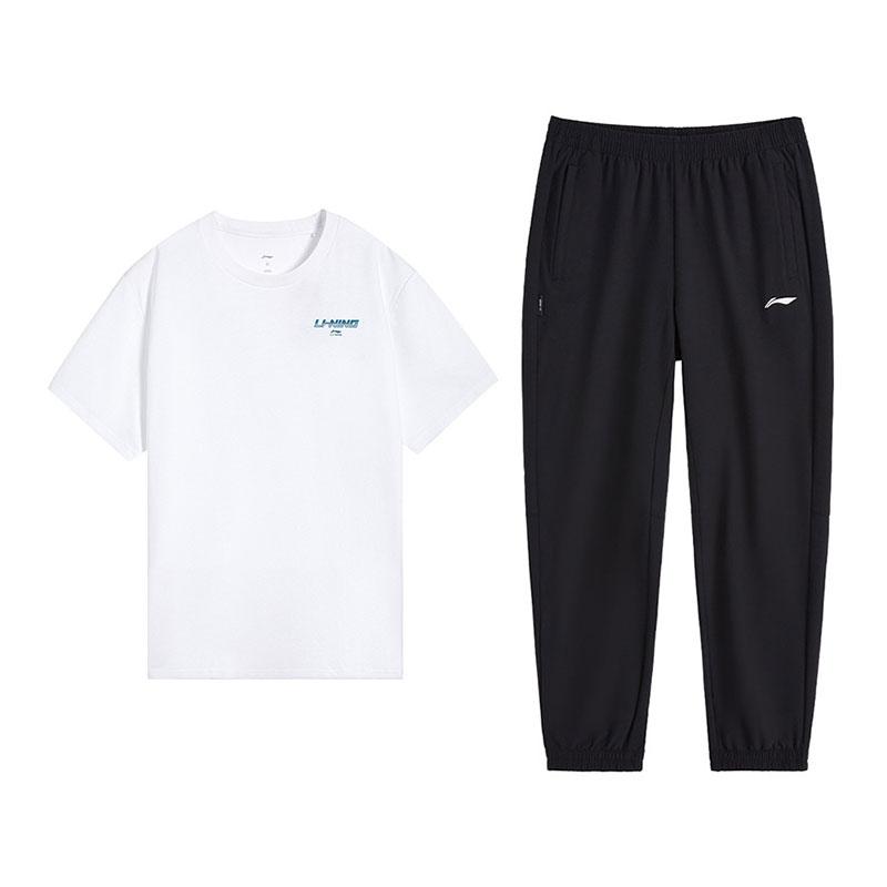 Li-Ning Модная универсальная футболка с коротким рукавом в культурном стиле, удобные повседневные брюки, спортивный костюм, мужской костюм, стандартный - Белый Черный W873-2+V809-1