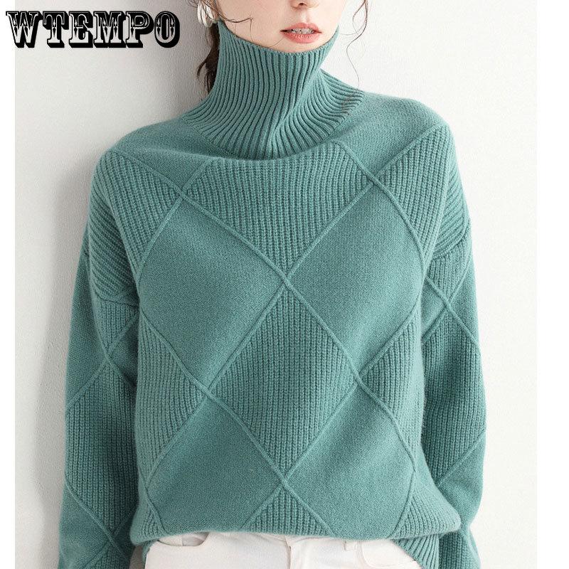 WTEMPO Свитер с высоким воротником, утолщенный теплый женский вязаный пуловер, свободный джемпер с длинными рукавами, рубашки с верхом и низом на осень и зиму