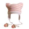 Женская шерстяная шапка с клубничным ремешком и кошачьими ушками в полоску, трикотажная защитная шапка для ушей, защищающая от холода