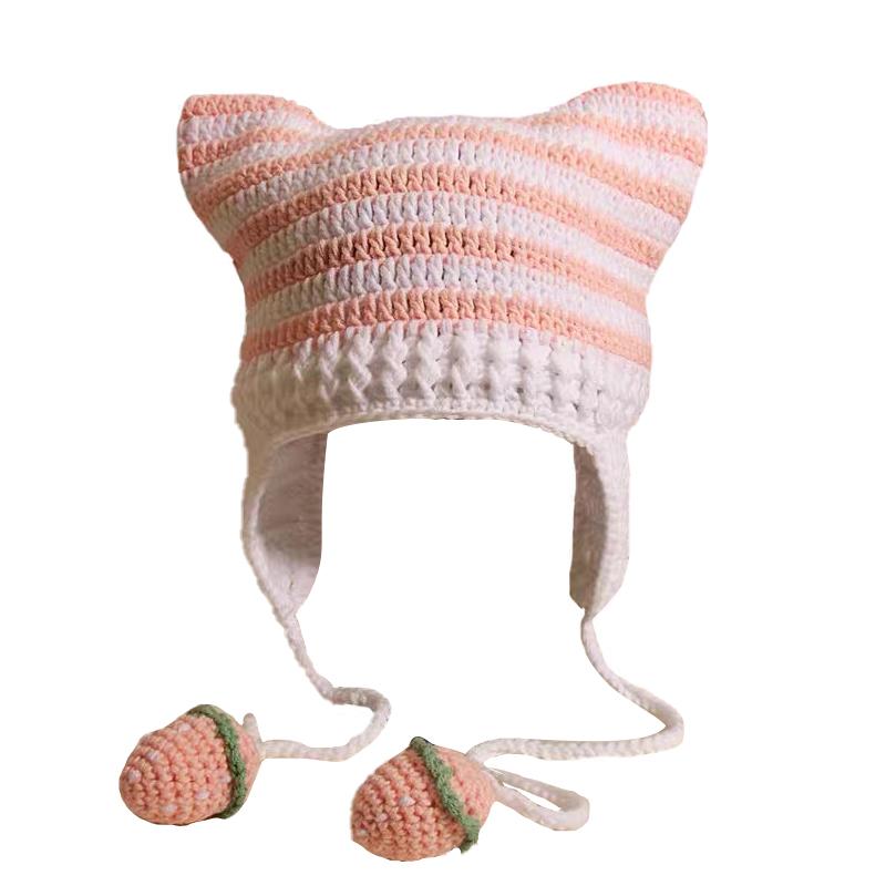 Женская шерстяная шапка с клубничным ремешком и кошачьими ушками в полоску, трикотажная защитная шапка для ушей, защищающая от холода