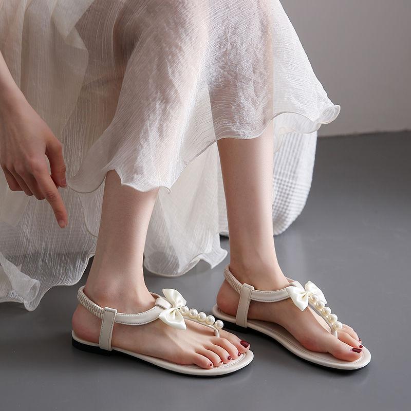 Обувь бежевая Лето 2024 Без каблука Алмазные женские туфли Плоские резиновые сандалии для женщин Шлепанцы Бантик Стразы Азиатский размер HF