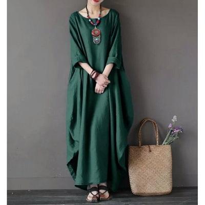 Women's Solid Cotton Linen Maxi Dress Loose Plus Size Round Neck Long Sleeve Casual Boho Long Dress