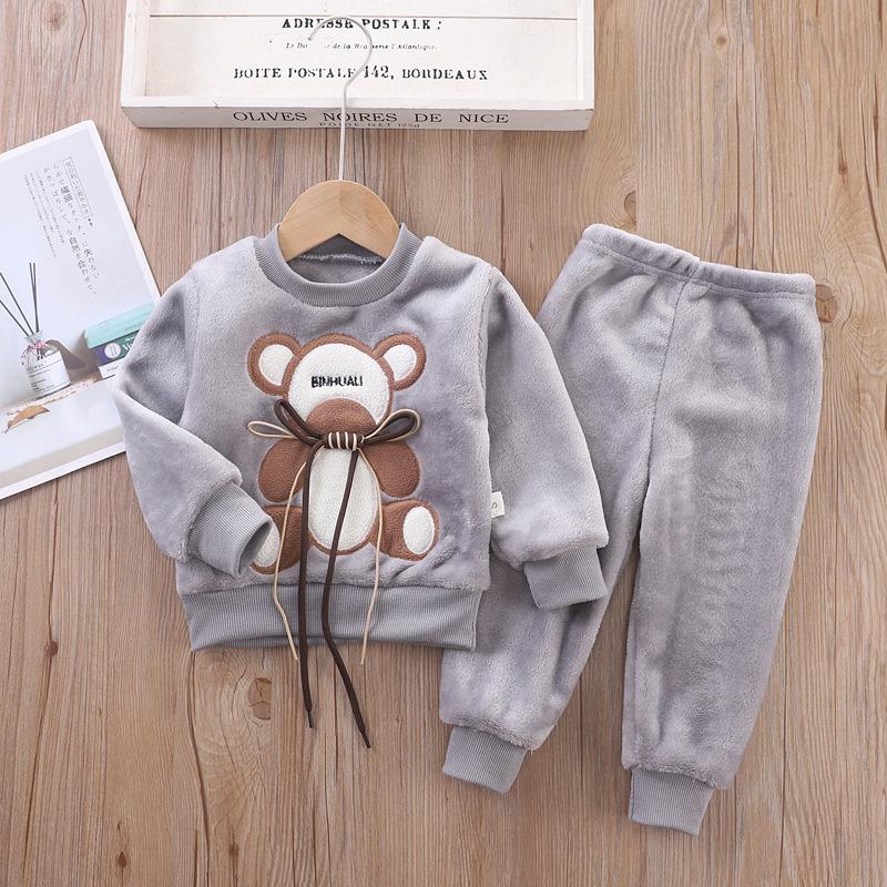 Children's Autumn and Winter Pajamas with Cartoon Bear Flannel Set of Home Clothes