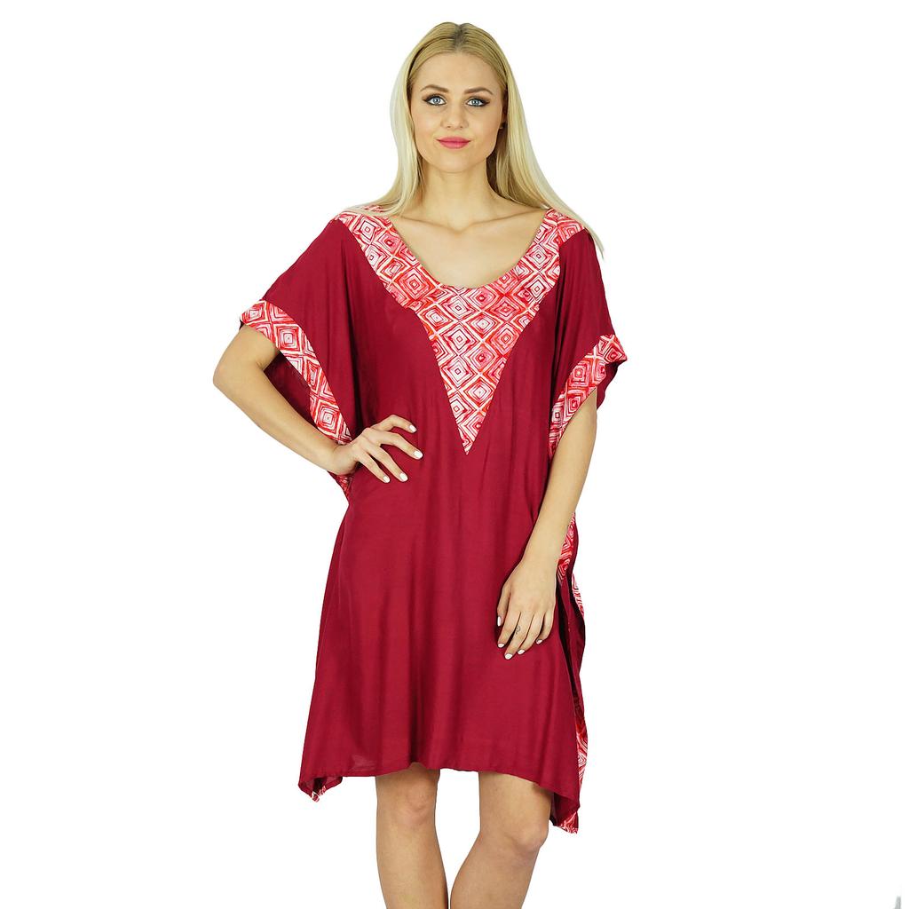 Bimba Women Short Rayon Kaftan Kimono Sleeve Maroon Caftan Boho Dress