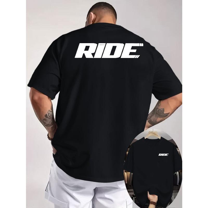 Мужская футболка RIDE с минималистичным принтом букв с обеих сторон, стиль мотоциклетного тренда, подходит для езды на велосипеде, повседневной носки и персонализированного стиля
