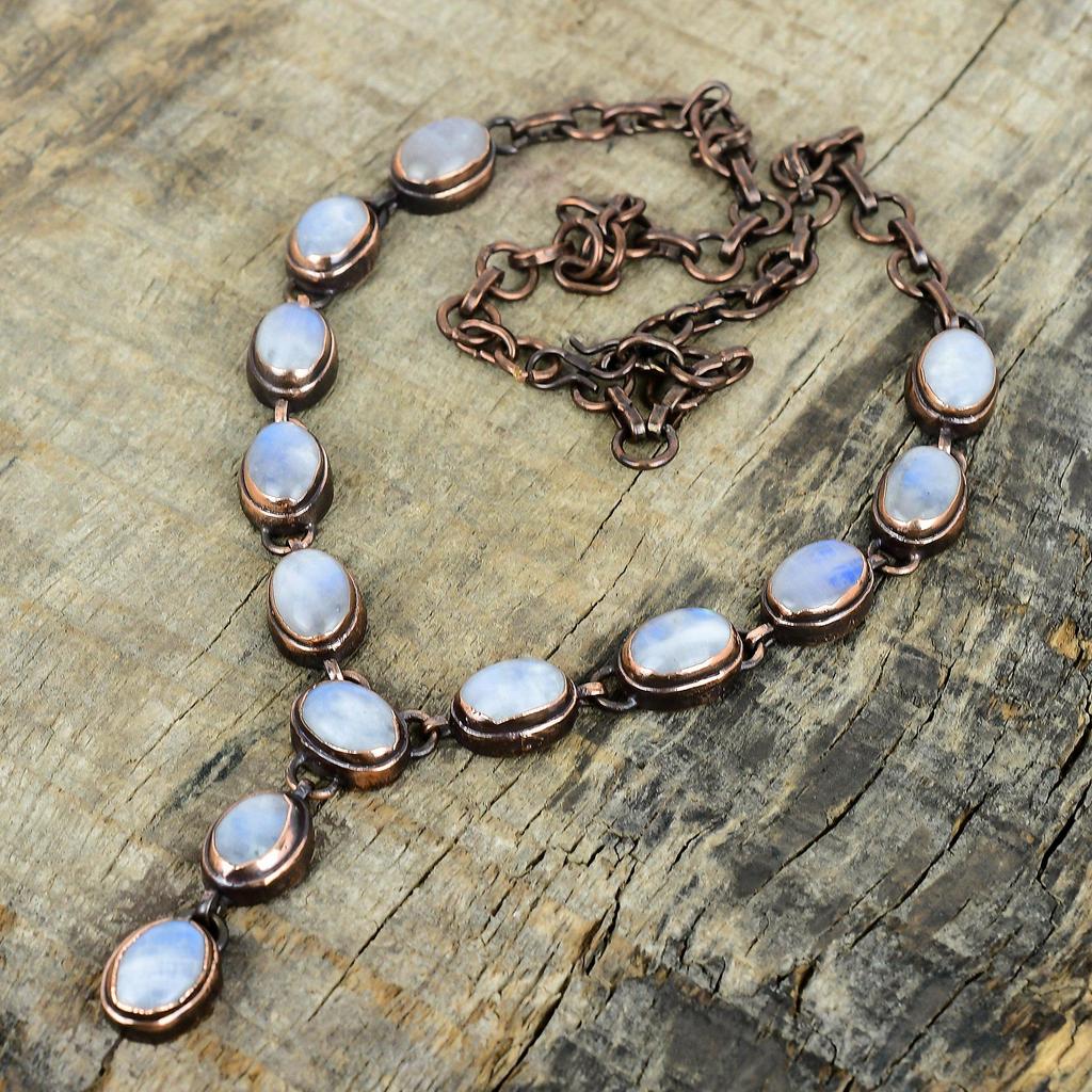 Ожерелье из радужного лунного камня, ожерелье из электроформованной меди, ожерелье с регулируемой цепочкой, медные украшения, ожерелье из драгоценного камня, ожерелье ручной работы, свадебные подарки