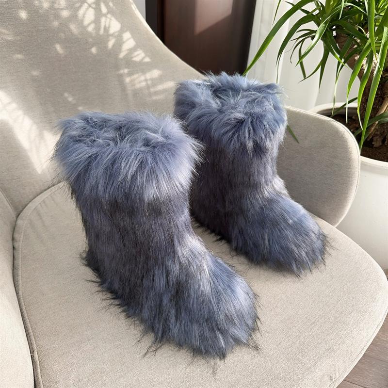 Imitation Raccoon Fur Plush Snow Boots Bag Head Warm Fluffy Fluffy Hot Girl