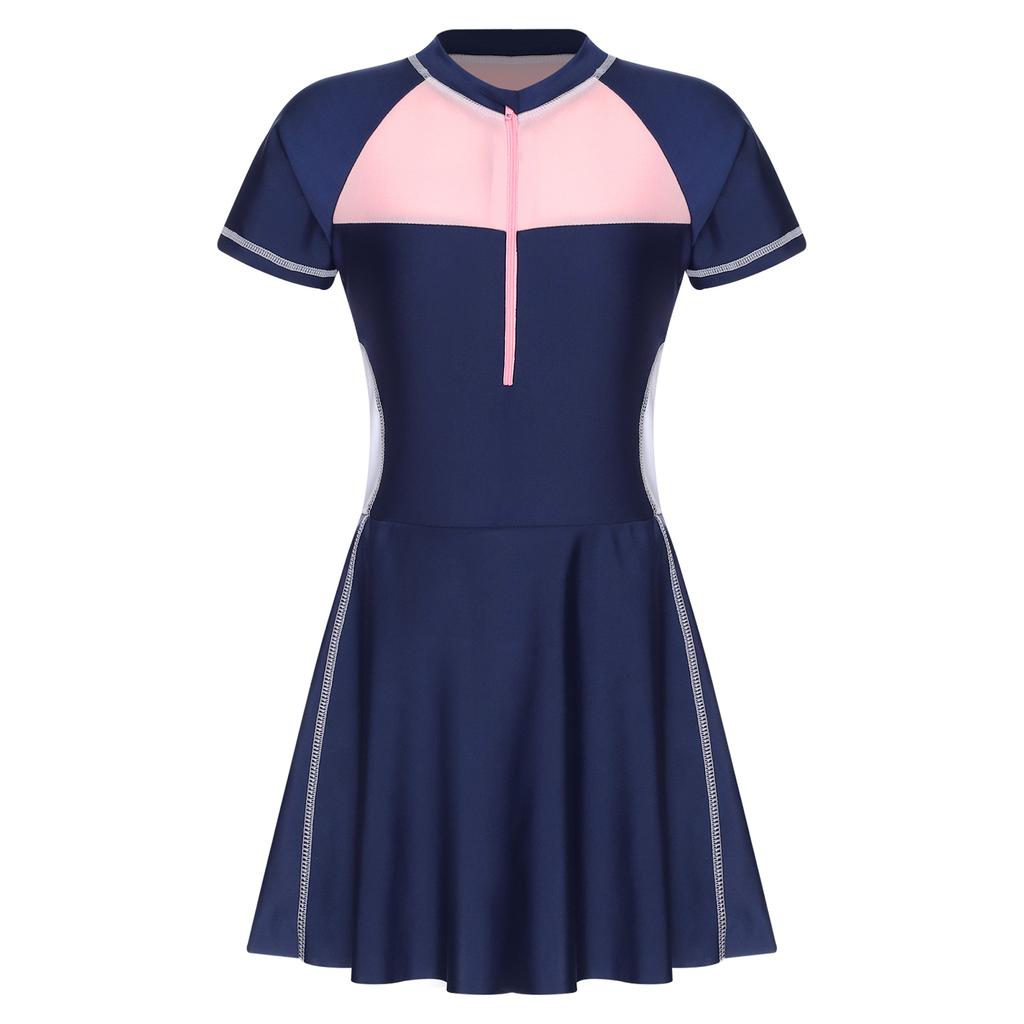 Подростковое купальное платье с короткими рукавами, цветной блок, пэчворк, на молнии спереди, рашгард, купальник, защита от УФ-лучей