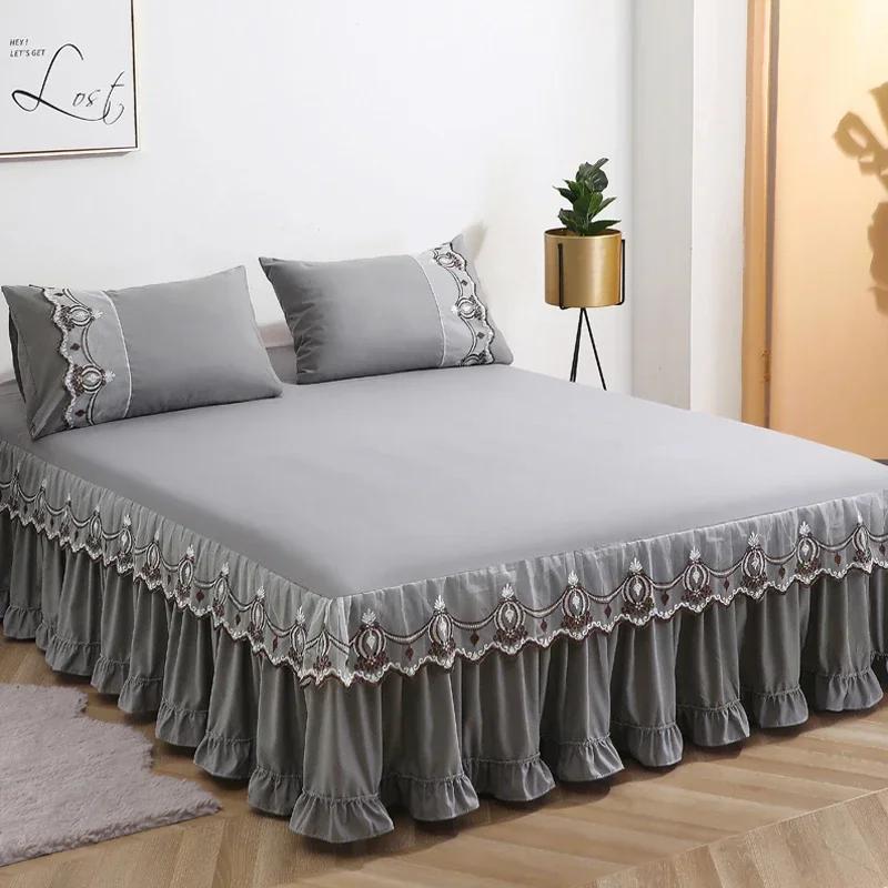 3pcs Bed Skirt Set with Ruffle Lace Anti Slip 1 8x2 0m Bed Cover Solid Mattress Dust Cover Pillowcase