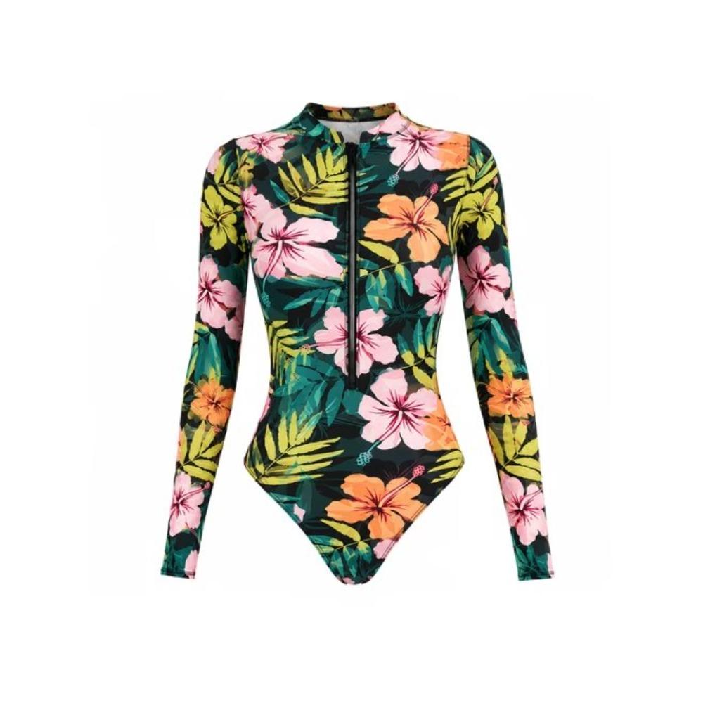 Women Long Sleeve One Piece Swimsuit Zip Front Ink and Wash Flowers Print Rash Guard Surfing Bathing Suit