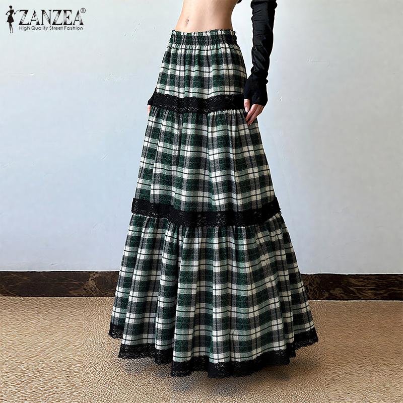 ZANZEA Womens Summer Casual Lace Splice Loose Plaid Long Skirts