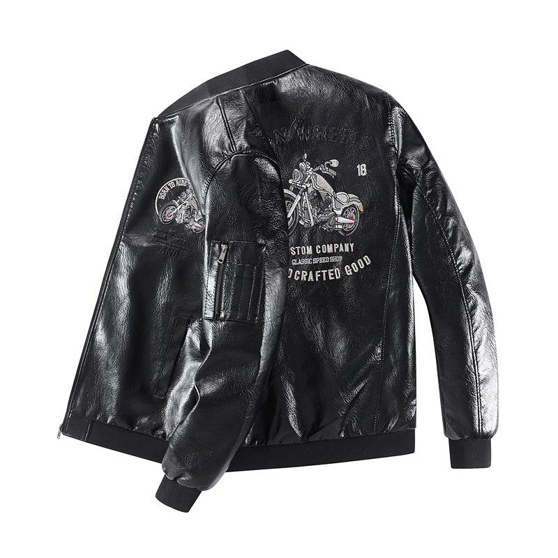Locomotive Embroidery Men's Leather Jacket Large Size Soft Leather Baseball Collar Fleece Casual Loose Versatile Trendy Leather Jacket