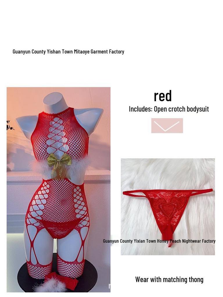 Golden Bow Christmas Cutout Fishnet Lingerie - Sexy, Fuzzy, Open Crotch Red Stocking for New Year