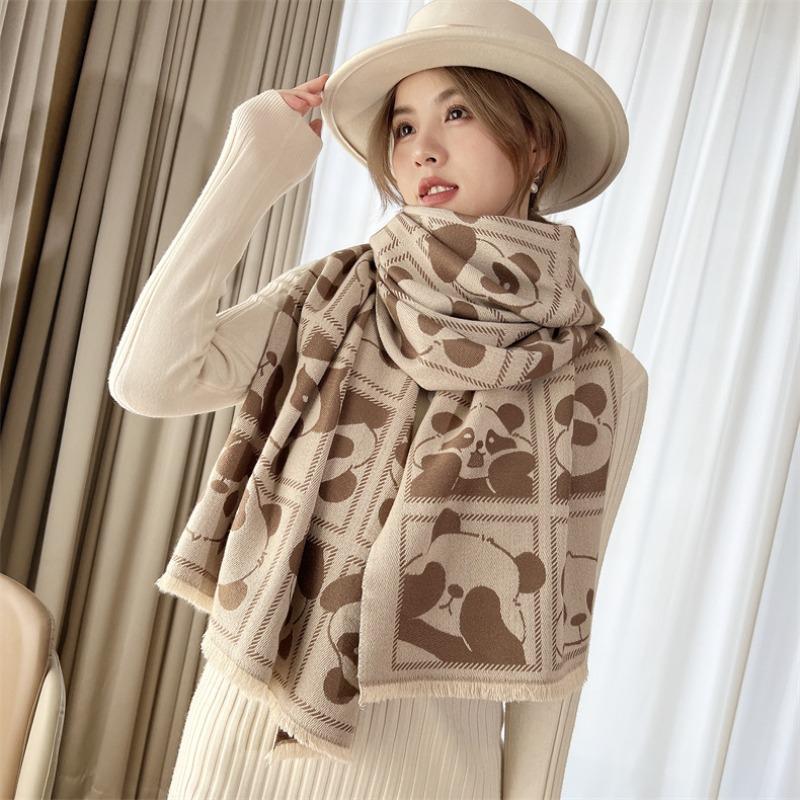 Winter New Panda Imitation Cashmere Jacquard Scarf Women's High-end Sense Versatile Core-spun Yarn Shawl Thickened Warm Scarf