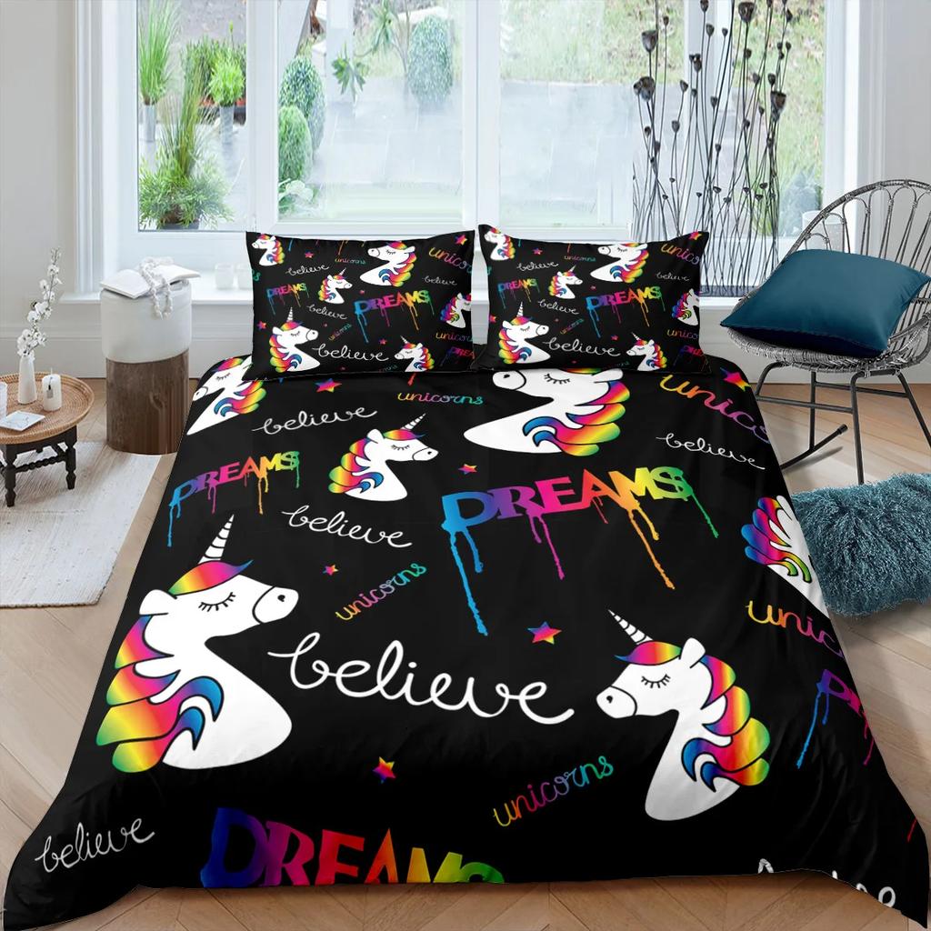 Unicorn Bedding Set King Queen White Pink Unicorn Duvet Cover For Girls Boys Dreamy Cartoon Sparkle Lilac Polyester Quilt Cover