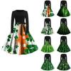 Women's Printed Round Neck Big Hem  Skirt Pleated Skirt Long Sleeved Dress Dress