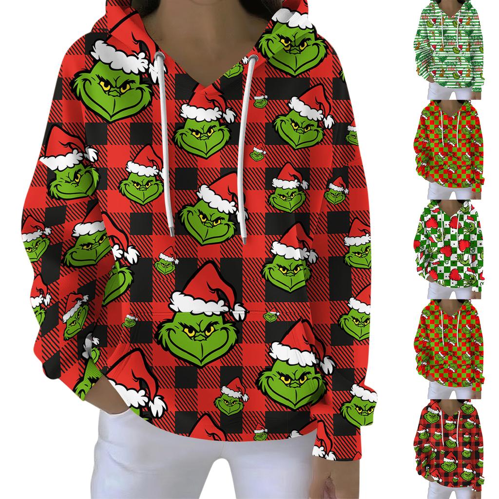 Ladies' Loose And Comfortable Drawstring V-neck Long Sleeved Christmas Printed Sweatshirt