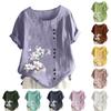 Women's Cotton Linen Round Neck Short Sleeve With Button Tops Printed T-shirt