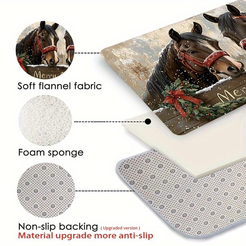 Christmas Horse Santa Hat Doormat,"Merry Christmas" Text Flannel Machine Washable Non-Slip Rug Kitchen Living Room Holiday Decor
